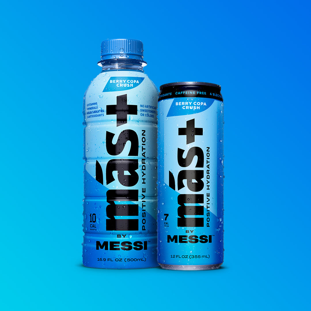 Brightly colored blue Más+ by Messi drinks — Berry Copa Crush flavor — shown side by side on a bold gradient backdrop.