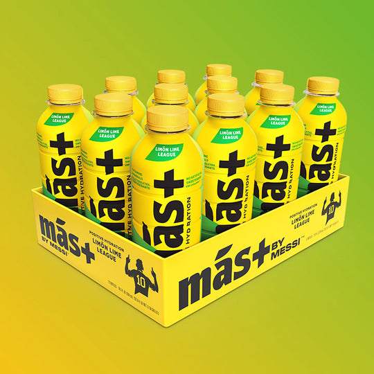 A neatly arranged 12-pack of protein drinks in yellow bottles with yellow caps, featuring the bold black text "Más+" and the brand "Messi." The packaging is bright yellow with black branding, and the background has a gradient yellow effect.