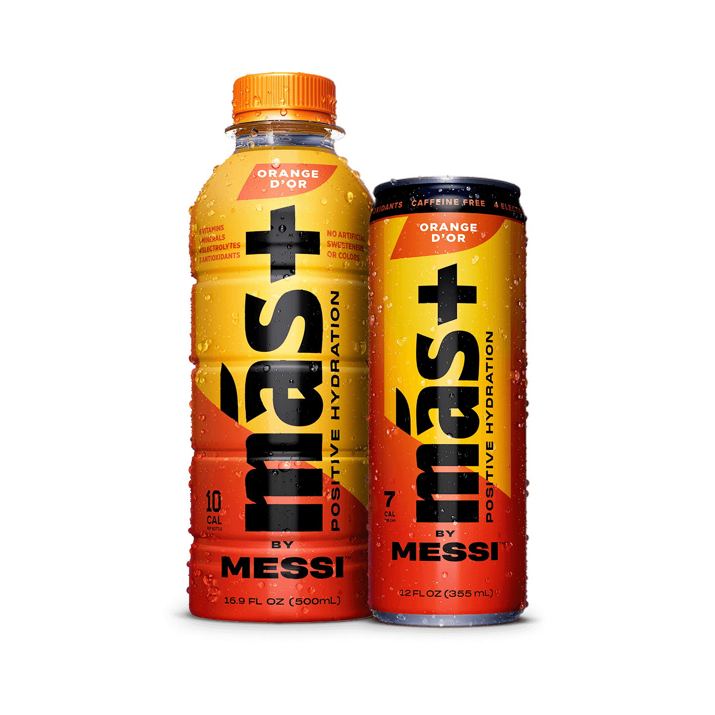 Two Orange D'Or Más+ by Messi drinks, one in a bottle and one in a can, with water droplets on a transparent background.