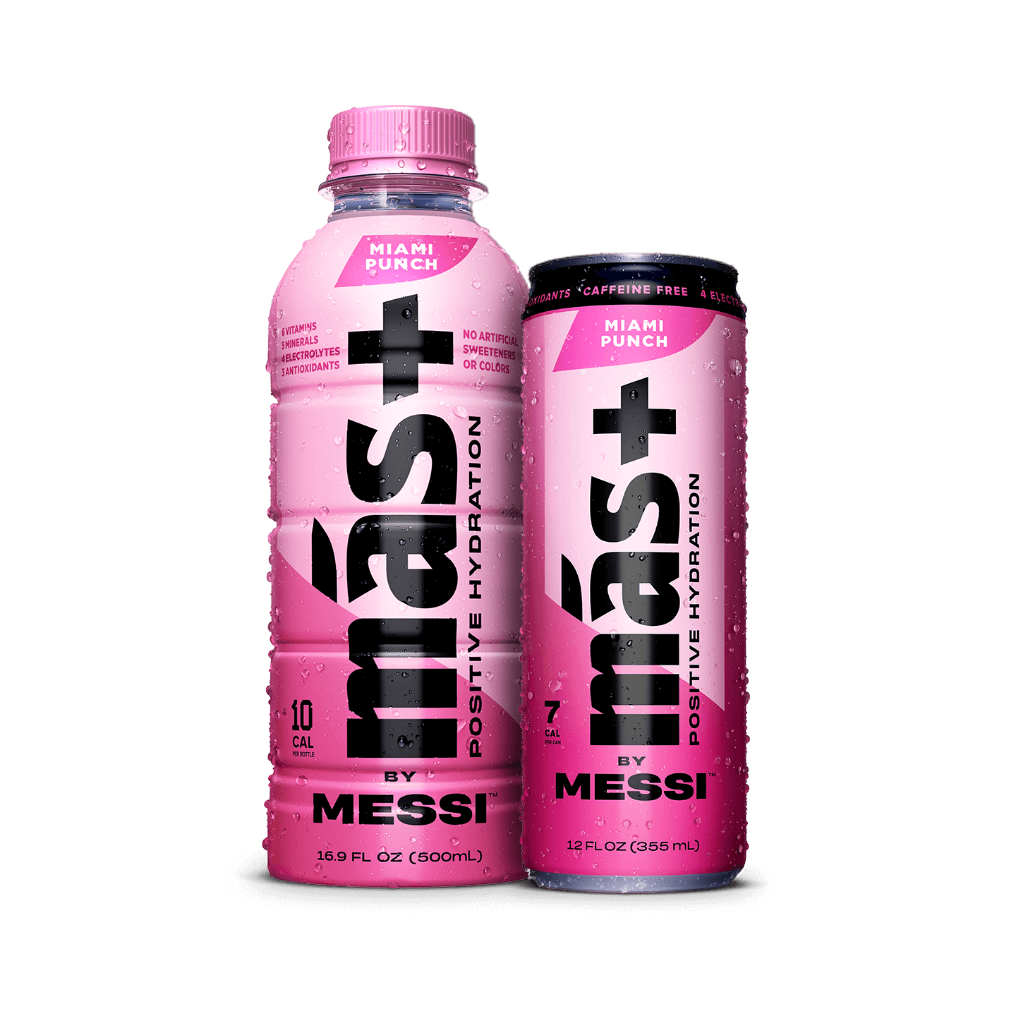 Two Miami Punch Más+ by Messi drinks, one in a bottle and one in a can, with water droplets on a transparent background.