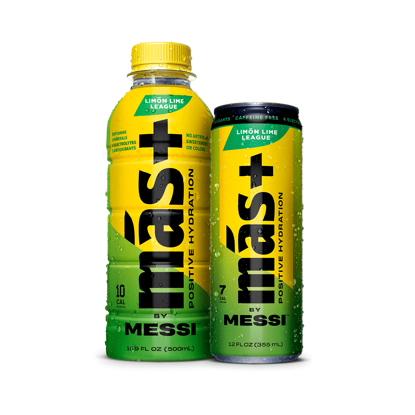Two Limón Lime League Más+ by Messi drinks, one in a bottle and one in a can, with water droplets on a transparent background.