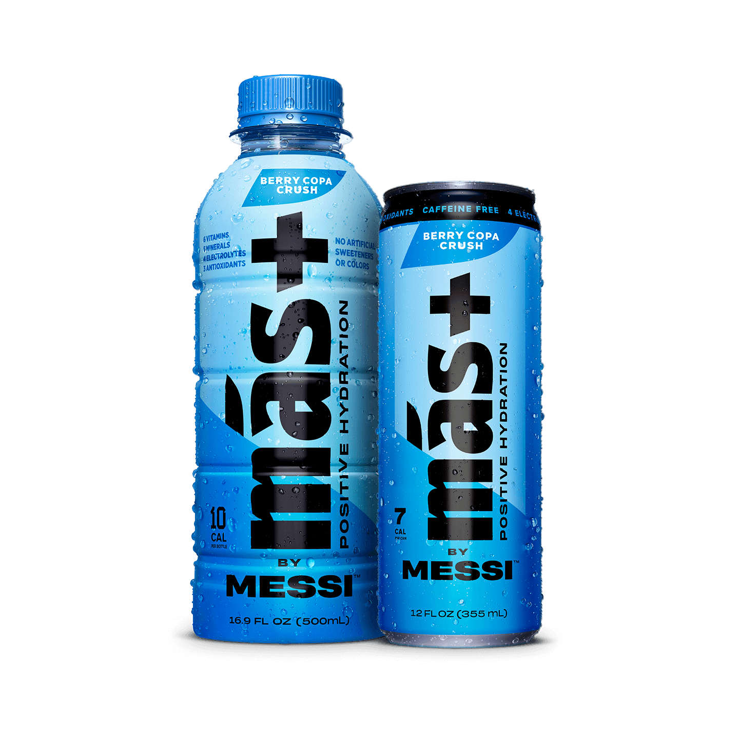 Two Berry Copa Crush Más+ by Messi drinks, one in a bottle and one in a can, with water droplets on a transparent background.