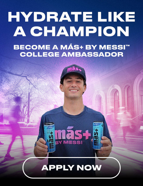 Person holding Más+ by Messi drinks with promotional text for college ambassador program.