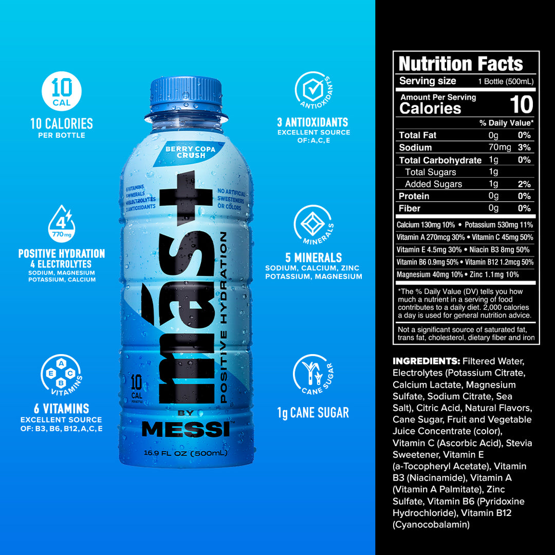 Más by Messi Berry Copa Crush bottle with nutritional information on a blue background