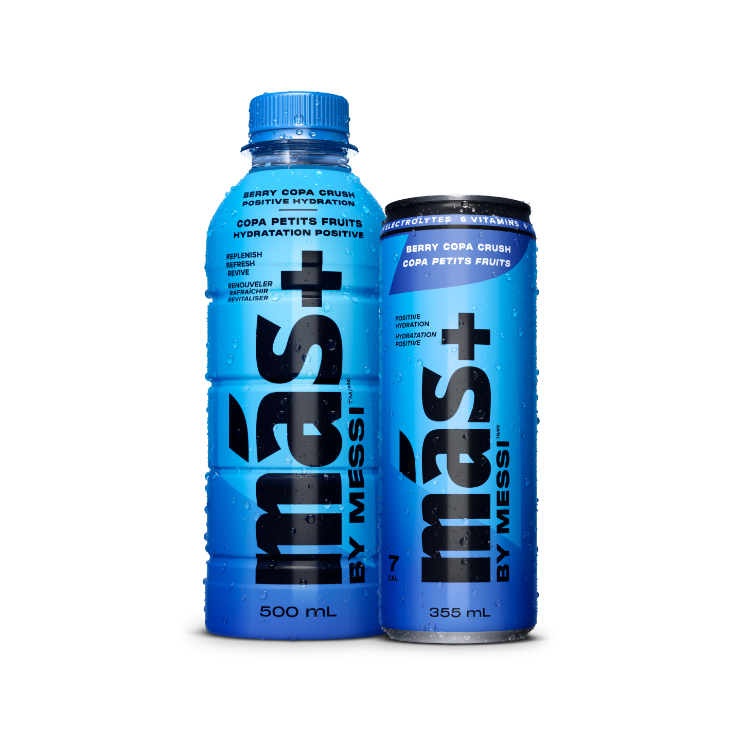 Two blue beverages by Más+ by Messi: a 500mL bottle and 355mL can labeled 'Berry Copa Crush' with hydration benefits