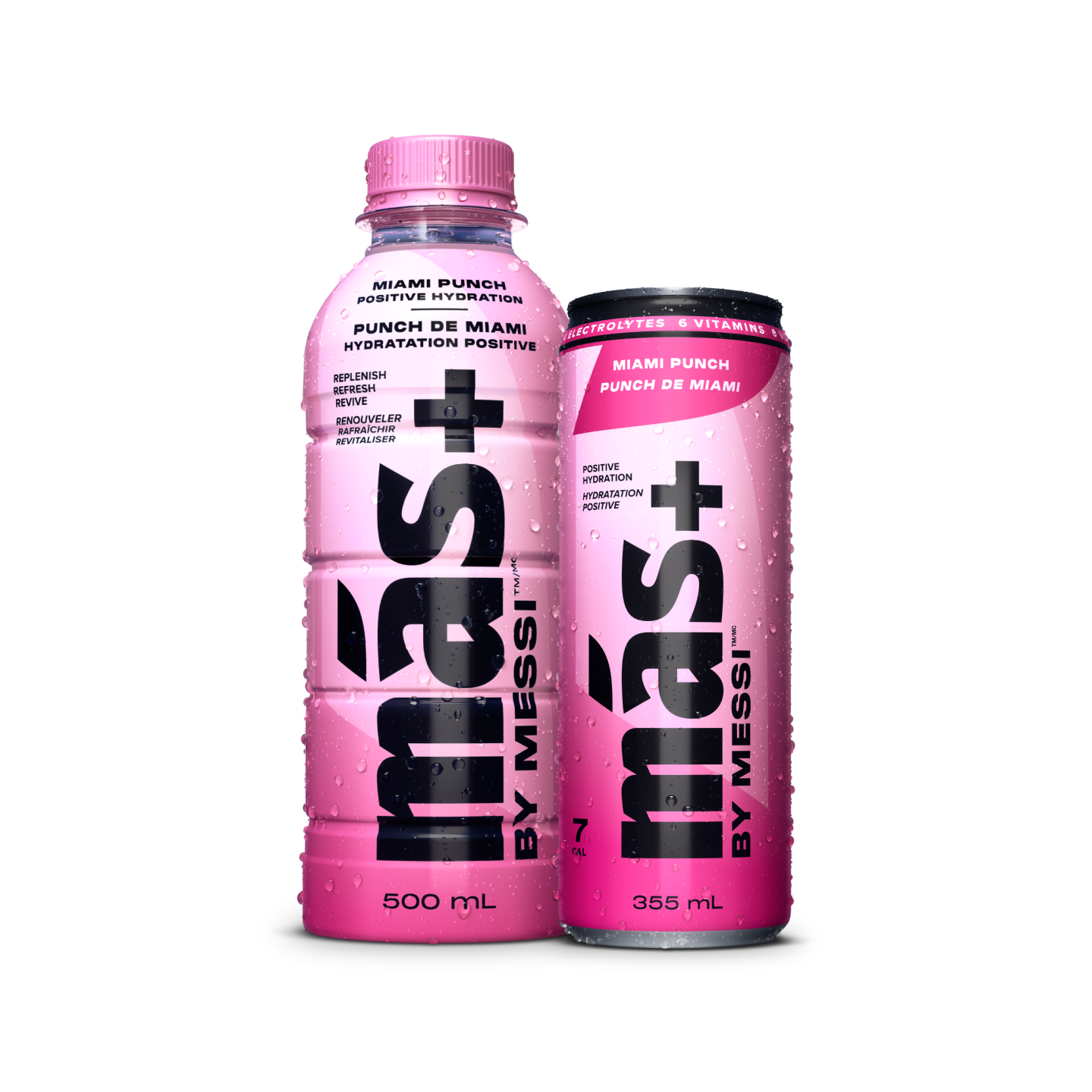 Two pink beverages by Más+ by Messi: a 500mL bottle and 355mL can labeled 'Miami Punch' with hydration benefits