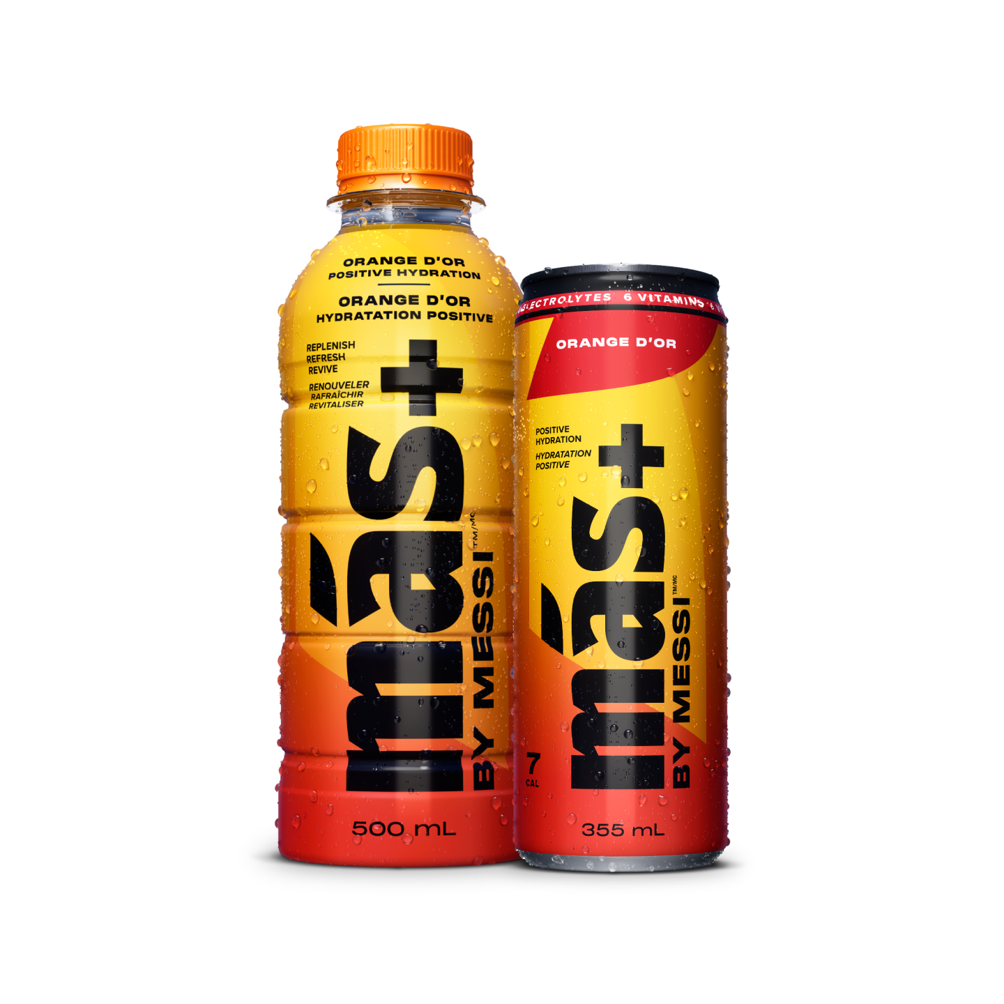 Two orange beverages by Más+ by Messi: a 500mL bottle and 355mL can labeled 'Orange D'Or' with hydration benefits