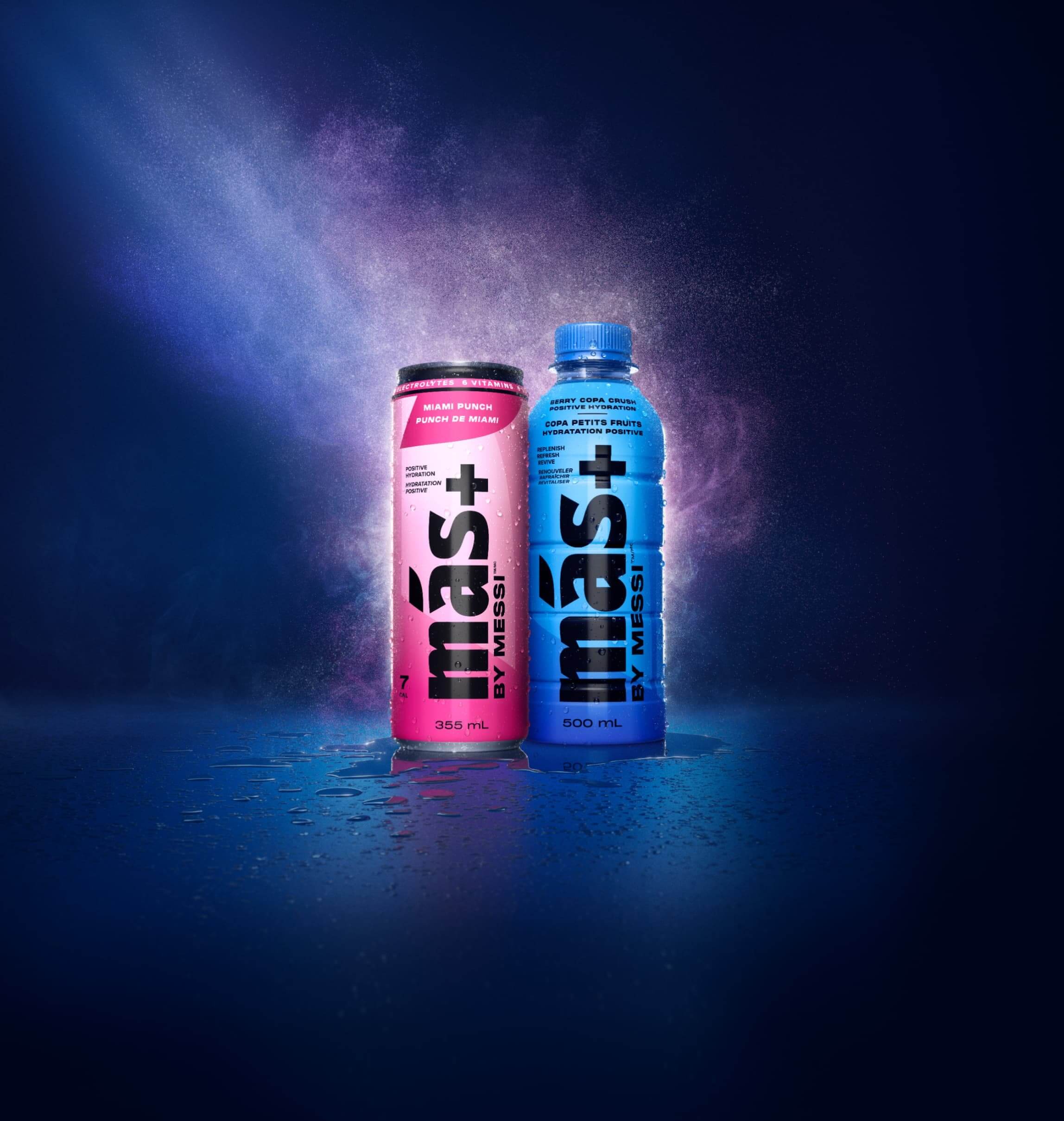 Image of two Más+ by Messi beverages: a pink can on the left and a branded plastic bottle on the right, set against a blue and purple gradient background