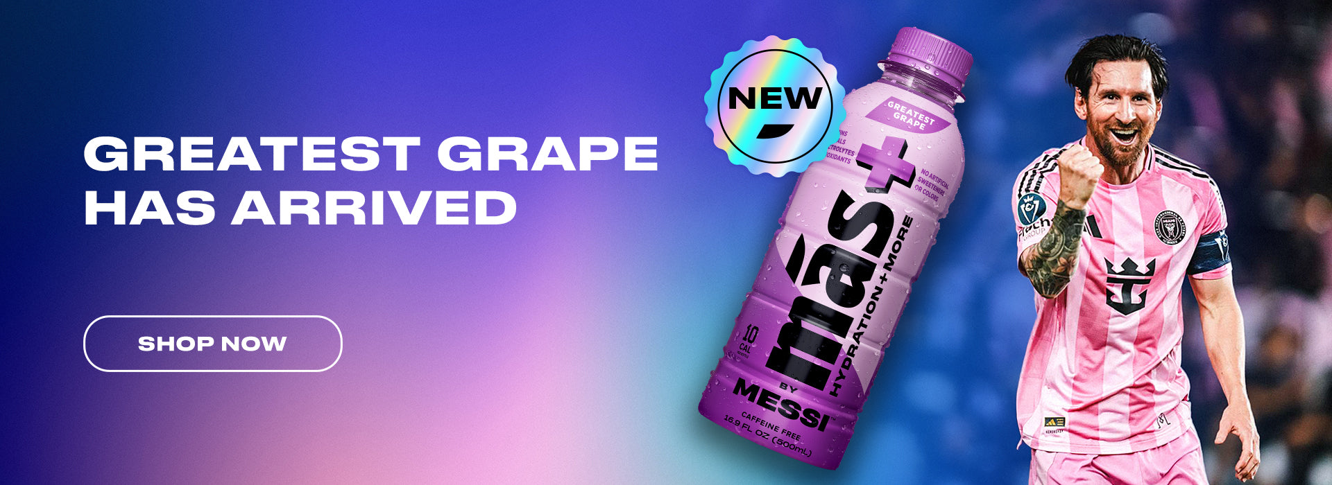 Lionel Messi celebrating in an Inter Miami jersey beside a purple Más+ grape flavour bottle.
