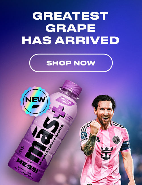 Purple Más+ by Messi drink bottle in grape flavor next to Lionel Messi in an Inter Miami jersey celebrating.