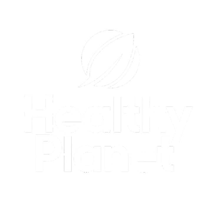 Healthy Planet logo with white letters and no background.