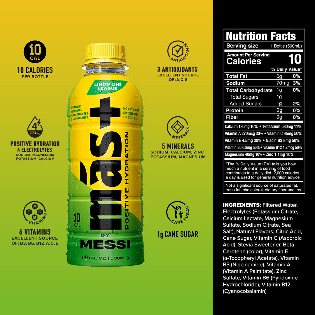Más by Messi Limón Lime League bottle with nutritional information on a green background