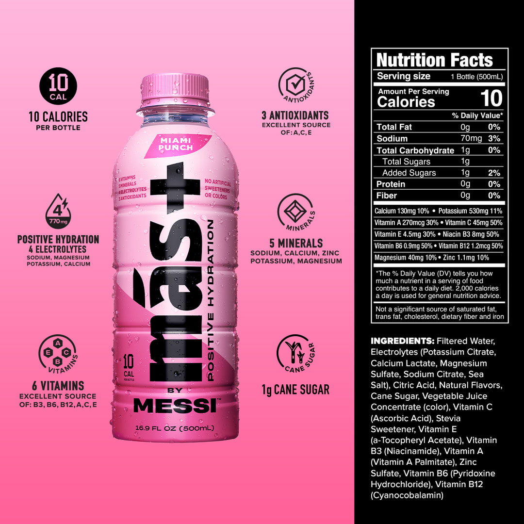 Más by Messi Miami Punch bottle with nutritional information on a pink background