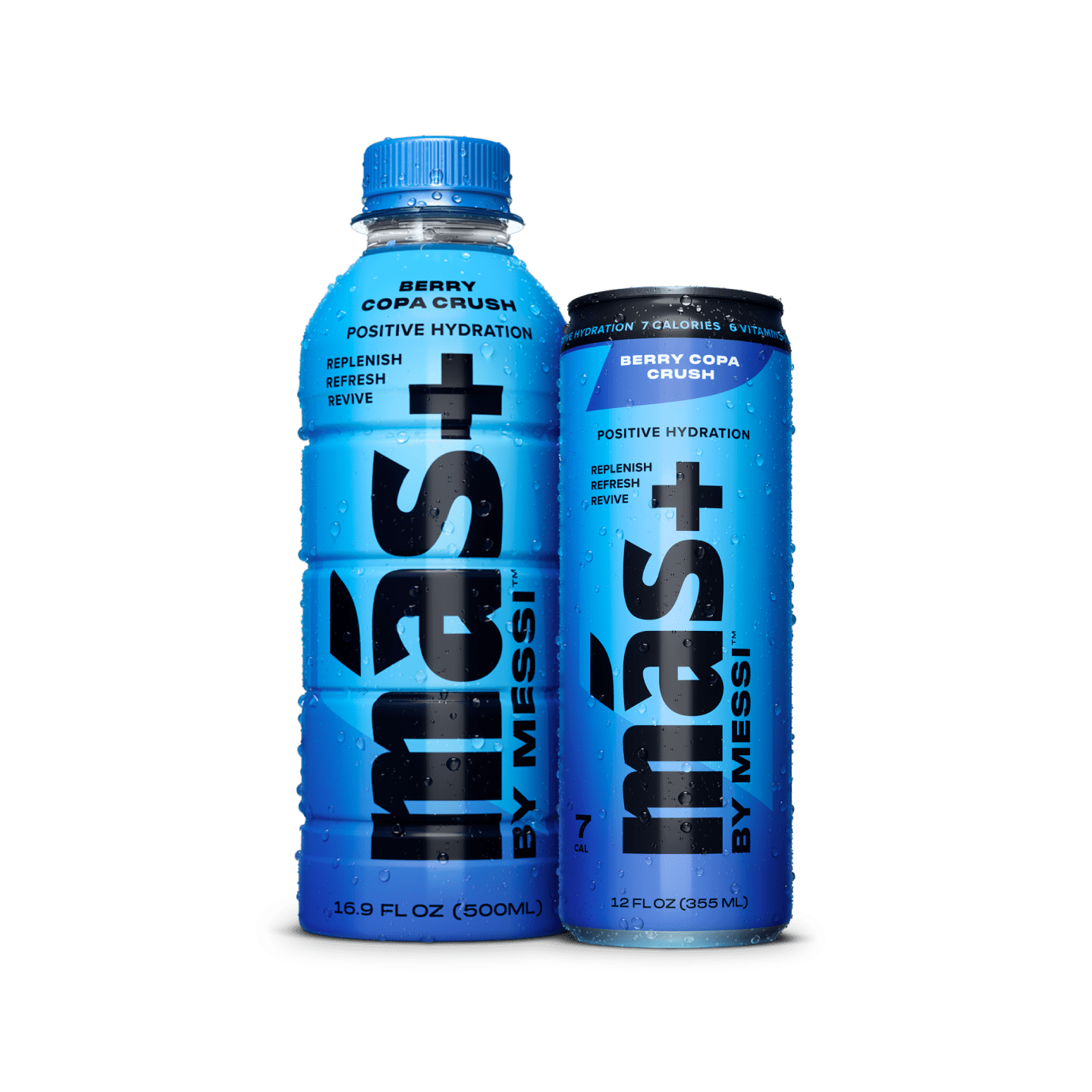 A can and bottle of Más+ by Messi hydrating drink in Berry Copa Crush flavour.