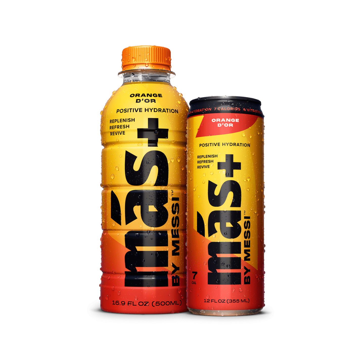 A can and bottle of Más+ by Messi hydrating drink in Orange D'Or flavour.
