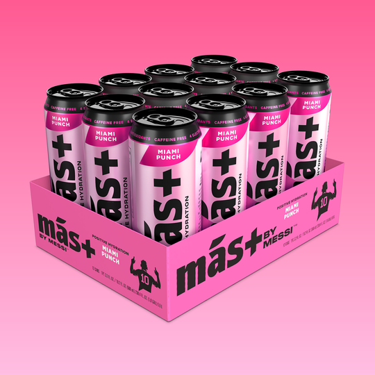 Box of mas+ by Messi Miami Punch hydrating drinks on a pink background