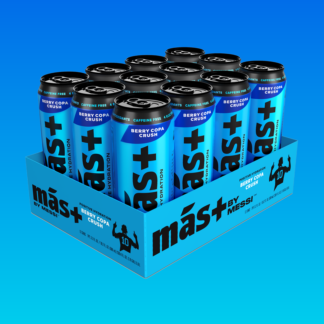Box of Mas+ by Messi Berry Copa Crush on a blue background