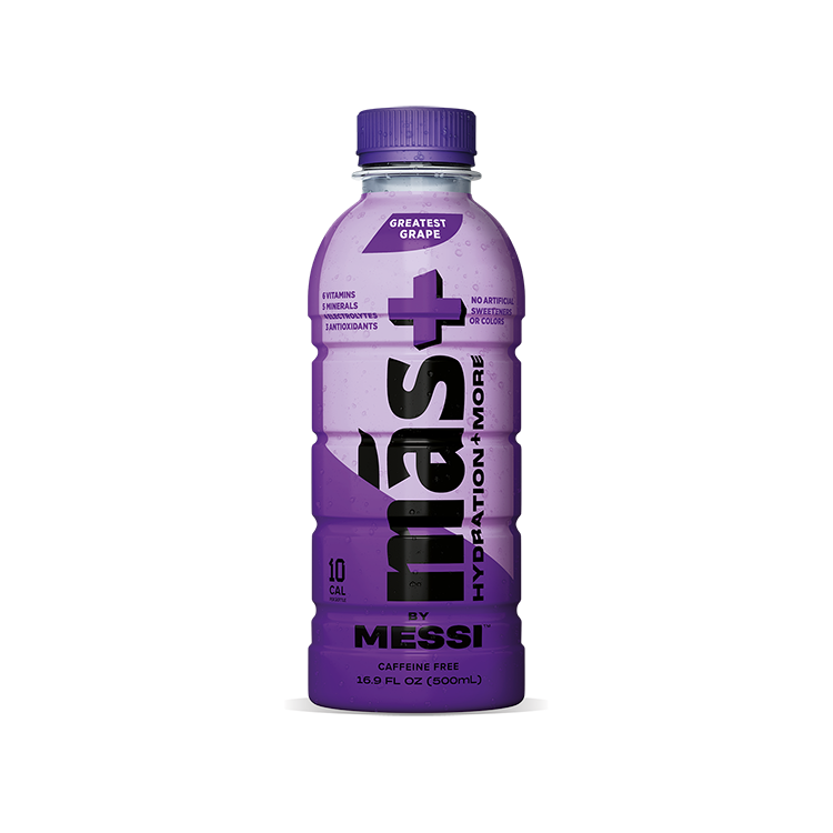 Purple bottle of Más by Messi Gratest Grape on a white background