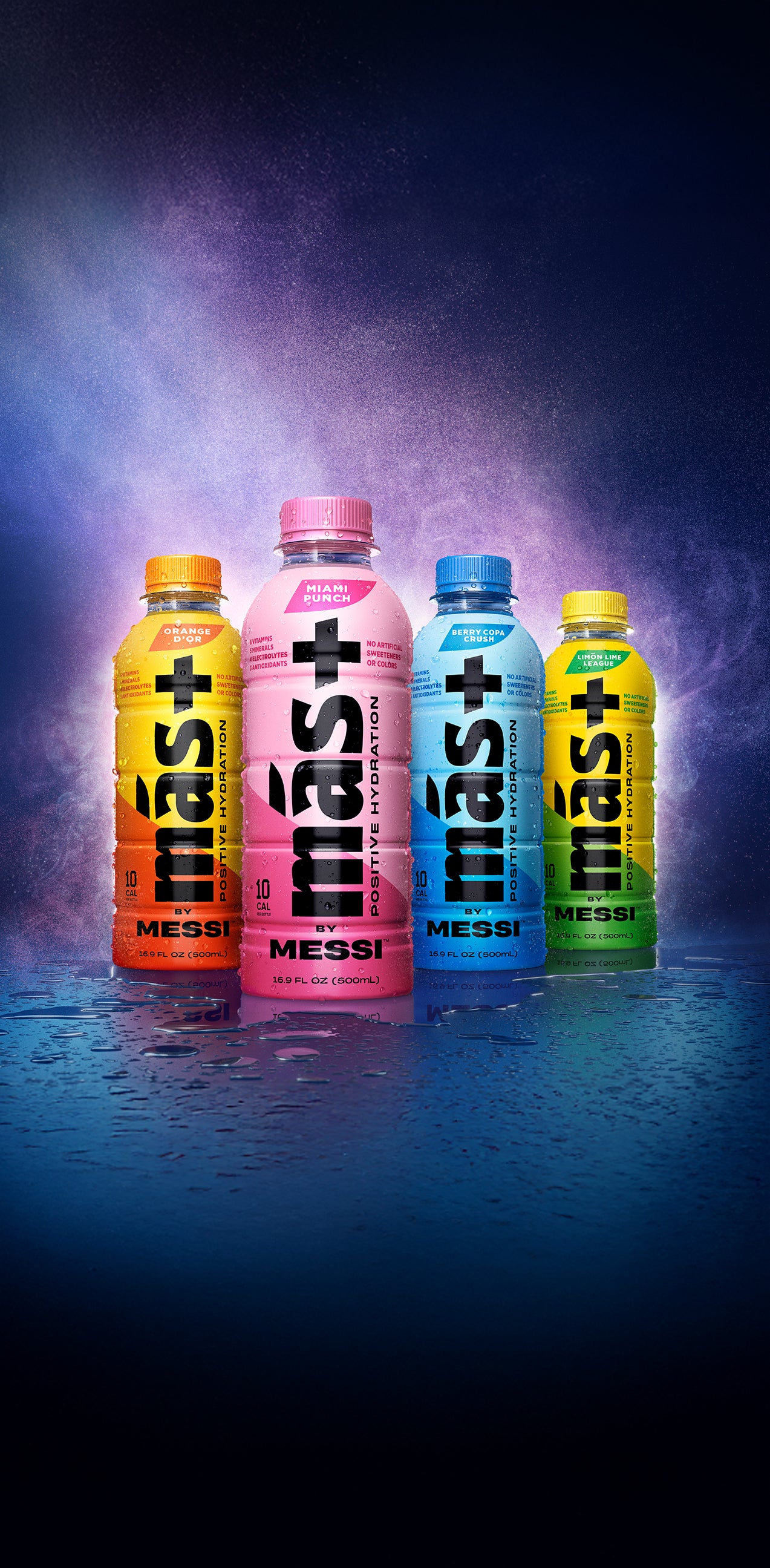 Four colorful Más+ by Messi drinks standing on a wet reflective surface with a purple and blue smoky background.