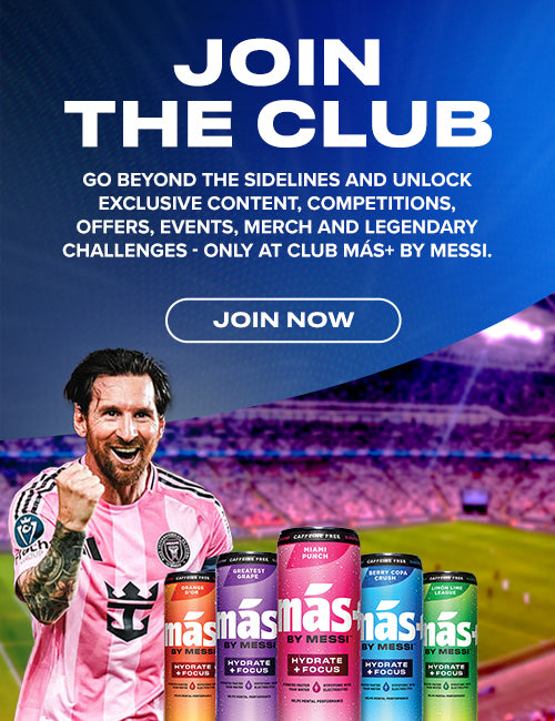 A triumphant Lionel Messi in an Inter Miami jersey, with five cans of his 'más by Messi' hydrate + focus drink line in the foreground. Large text reads "JOIN THE CLUB" promoting exclusive content and offers, with a "JOIN NOW" button.