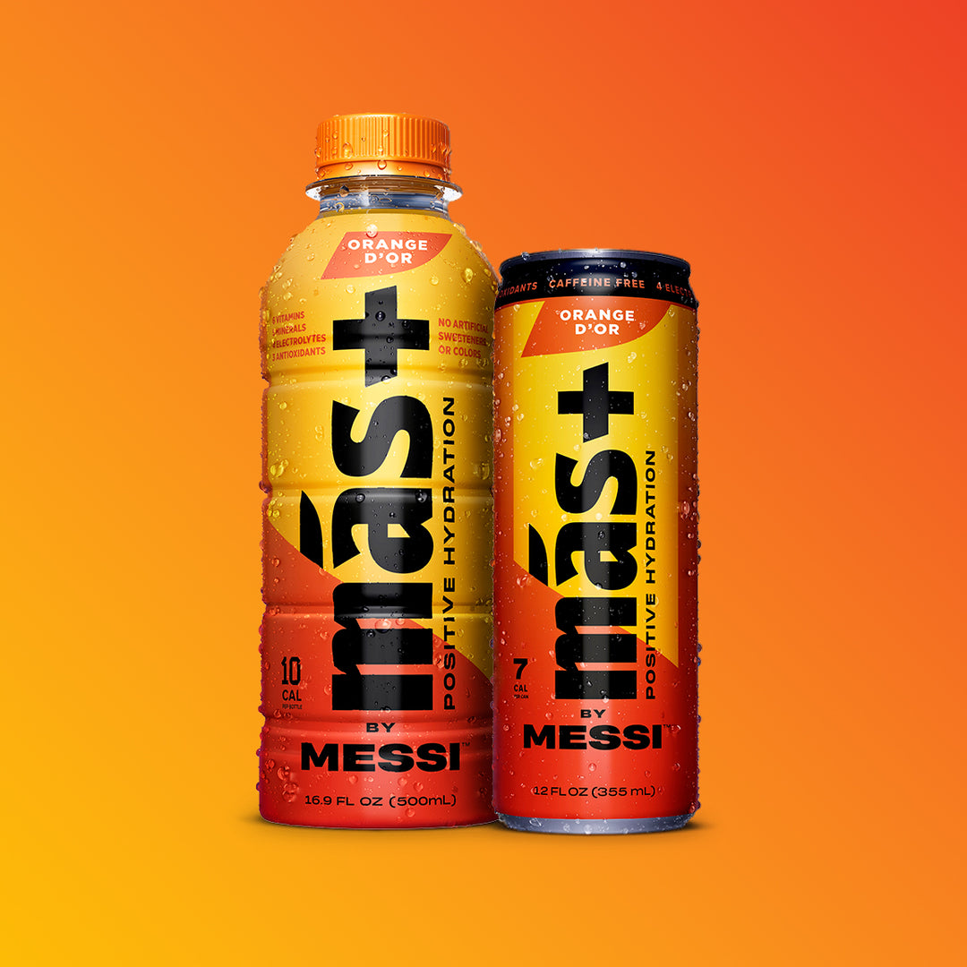 Brightly colored orange Más+ by Messi drinks — Orange D'Or flavor — shown side by side on a bold gradient backdrop.