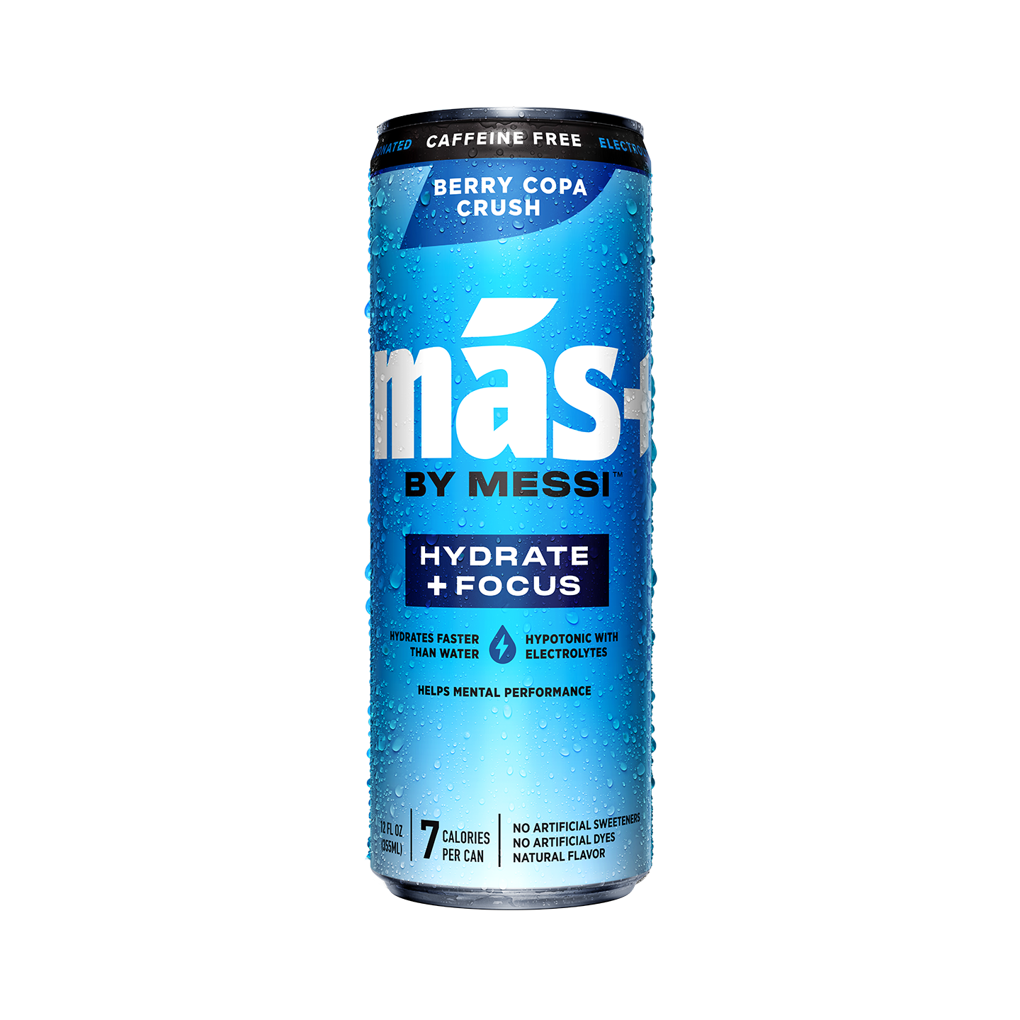 A condensation-covered, blue can of Más+ by Messi hydration drink in the Berry Copa Crush flavor. Text reads: "HYDRATE + FOCUS" and "7 CALORIES PER CAN."