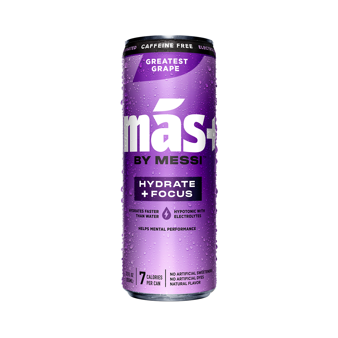 A condensation-covered, purple can of Más+ by Messi hydration drink in the Greatest Grape flavor. Text reads: "HYDRATE + FOCUS" and "7 CALORIES PER CAN."
