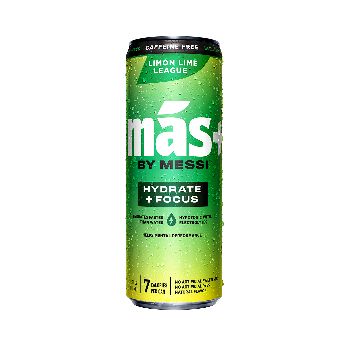 A condensation-covered, blue can of Más+ by Messi hydration drink in the Berry Copa Crush flavor. Text reads: "HYDRATE + FOCUS" and "7 CALORIES PER CAN."