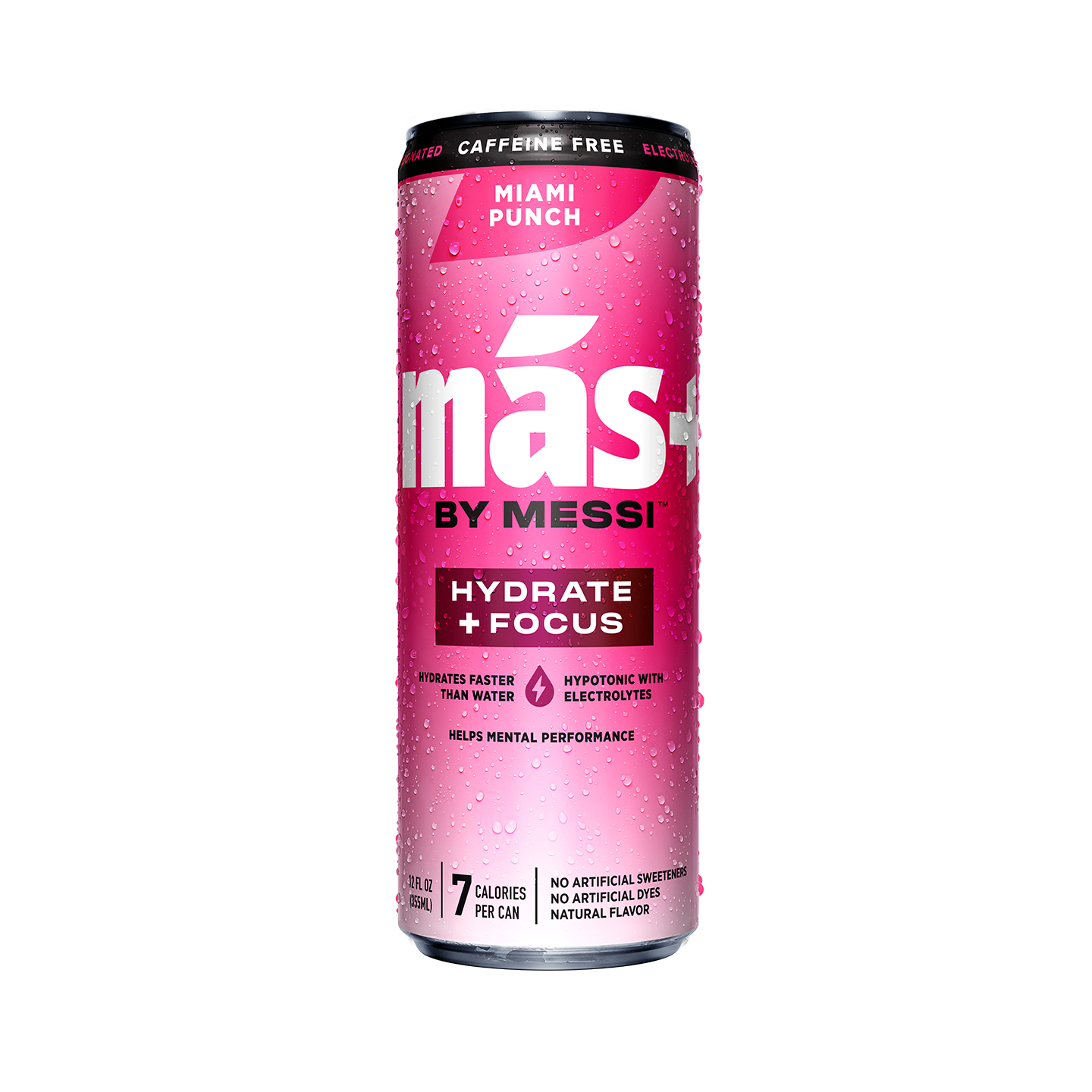 A condensation-covered, blue can of Más+ by Messi hydration drink in the Berry Copa Crush flavor. Text reads: "HYDRATE + FOCUS" and "7 CALORIES PER CAN."