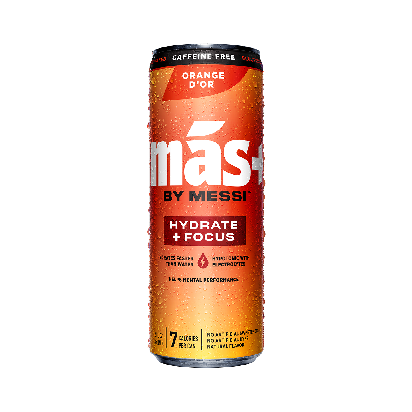 A condensation-covered, orange and yellow can of Más+ by Messi hydration drink in the Orange D'Or flavor. Text reads: "HYDRATE + FOCUS" and "7 CALORIES PER CAN."