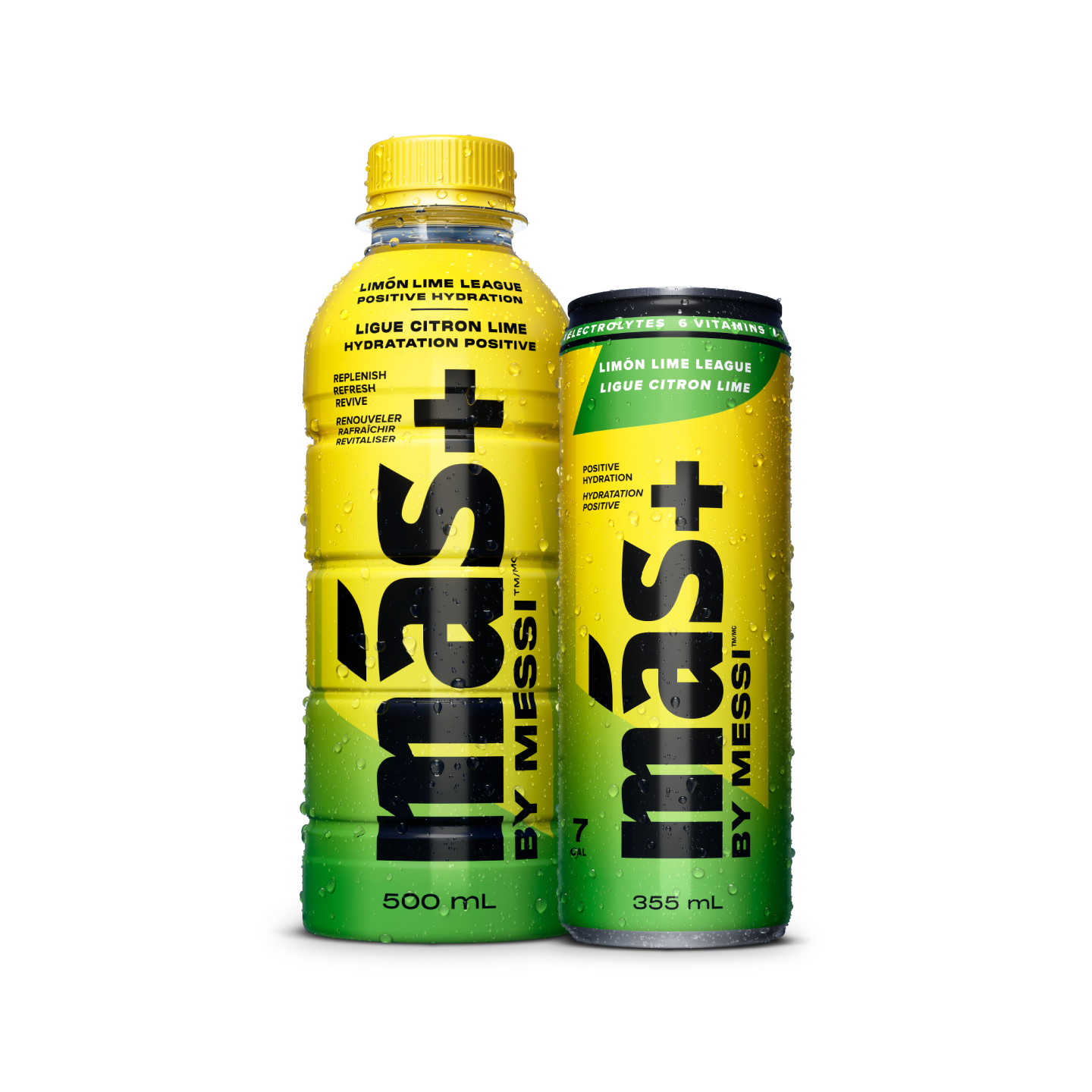 Two yellow and green beverages by Más+ by Messi: a 500mL bottle and 355mL can labeled 'Limón Lime League' with hydration benefits