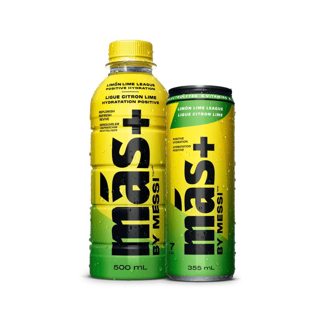 Two beverages labeled Más+ by Messi with no background. The left bottle is 500 mL with a yellow cap, and the right can is 355 mL. Both drinks are 'Limón Lime League' flavour and promote positive hydration with electrolytes and vitamins