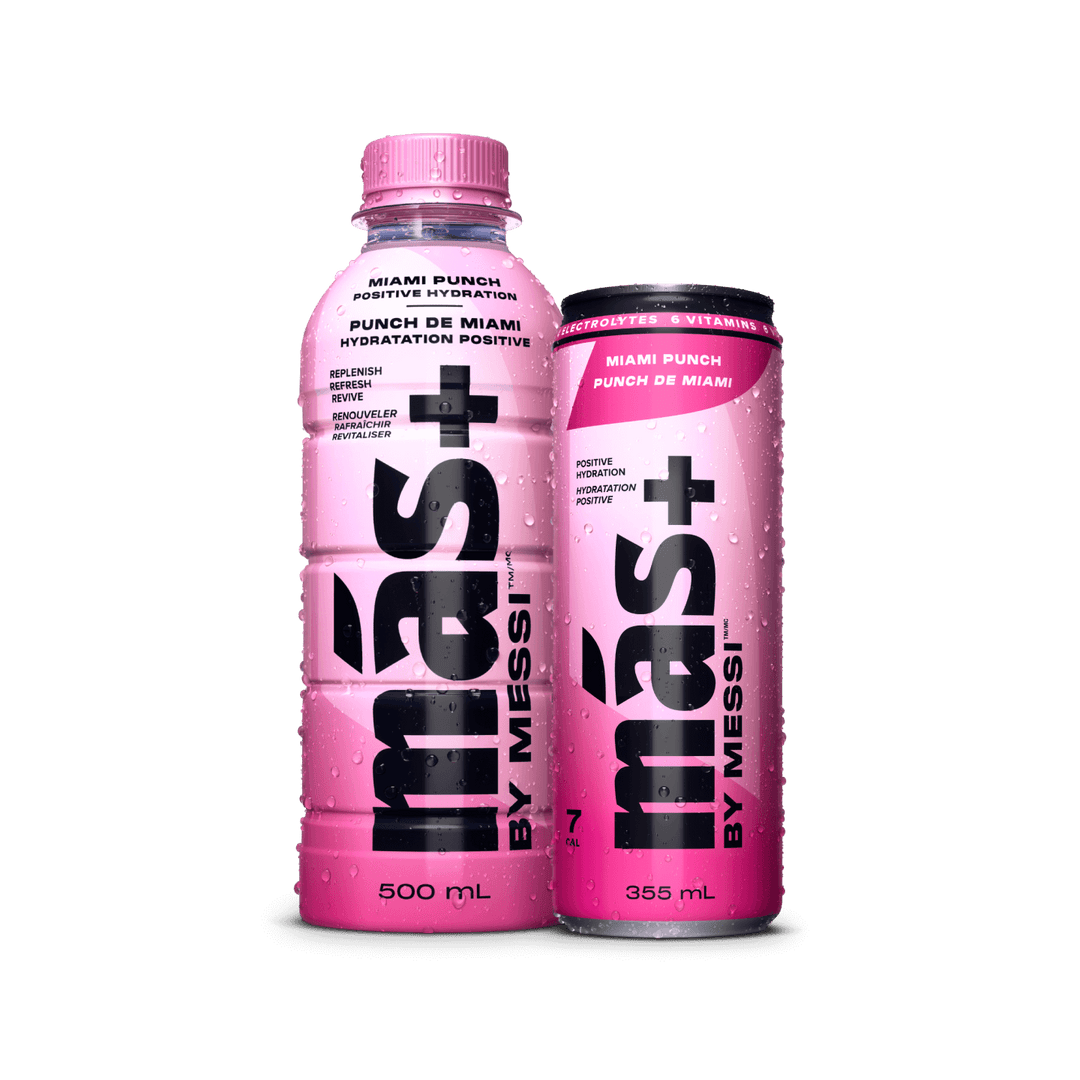 Two beverages labeled Más+ by Messi with no background. The left bottle is 500 mL with a pink cap, and the right can is 355 mL. Both drinks are 'Miami Punch' flavour and promote positive hydration with electrolytes and vitamins