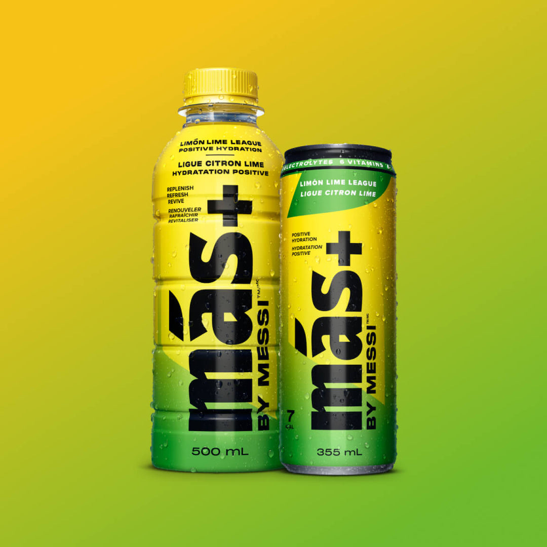 Two beverages labeled Más+ by Messi against a yellow and green gradient background. The left bottle is 500 mL with a yellow cap, and the right can is 355 mL. Both drinks are 'Limón Lime League' flavour and promote 'positive hydration' with electrolytes and vitamins
