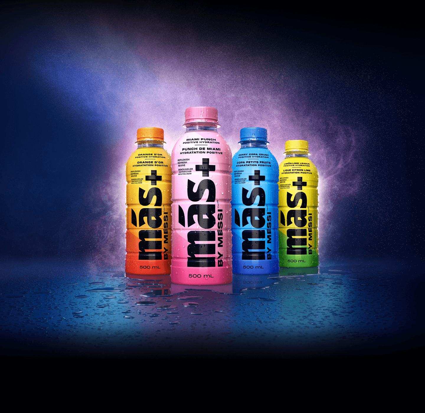 A lineup of four Más+ by Messi hydrating drink bottles set against a dark, misty blue and purple background, featuring flavours like Orange D'Or, Miami Punch, Limón-Lime League, and Berry Copa Crush