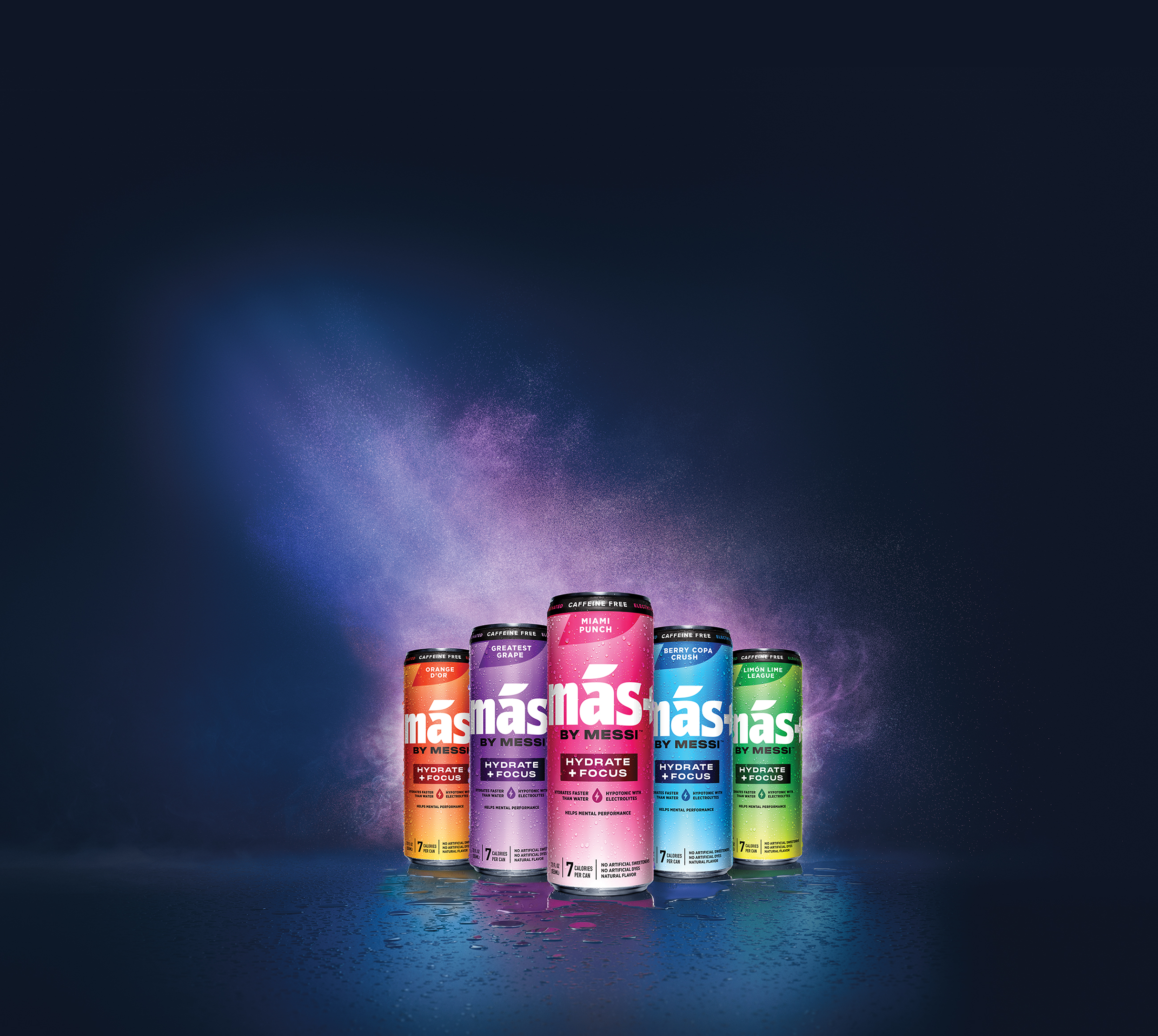 Five cans of Más+ by Messi hydration drink in a line, featuring all five flavors on a dark, reflective surface.