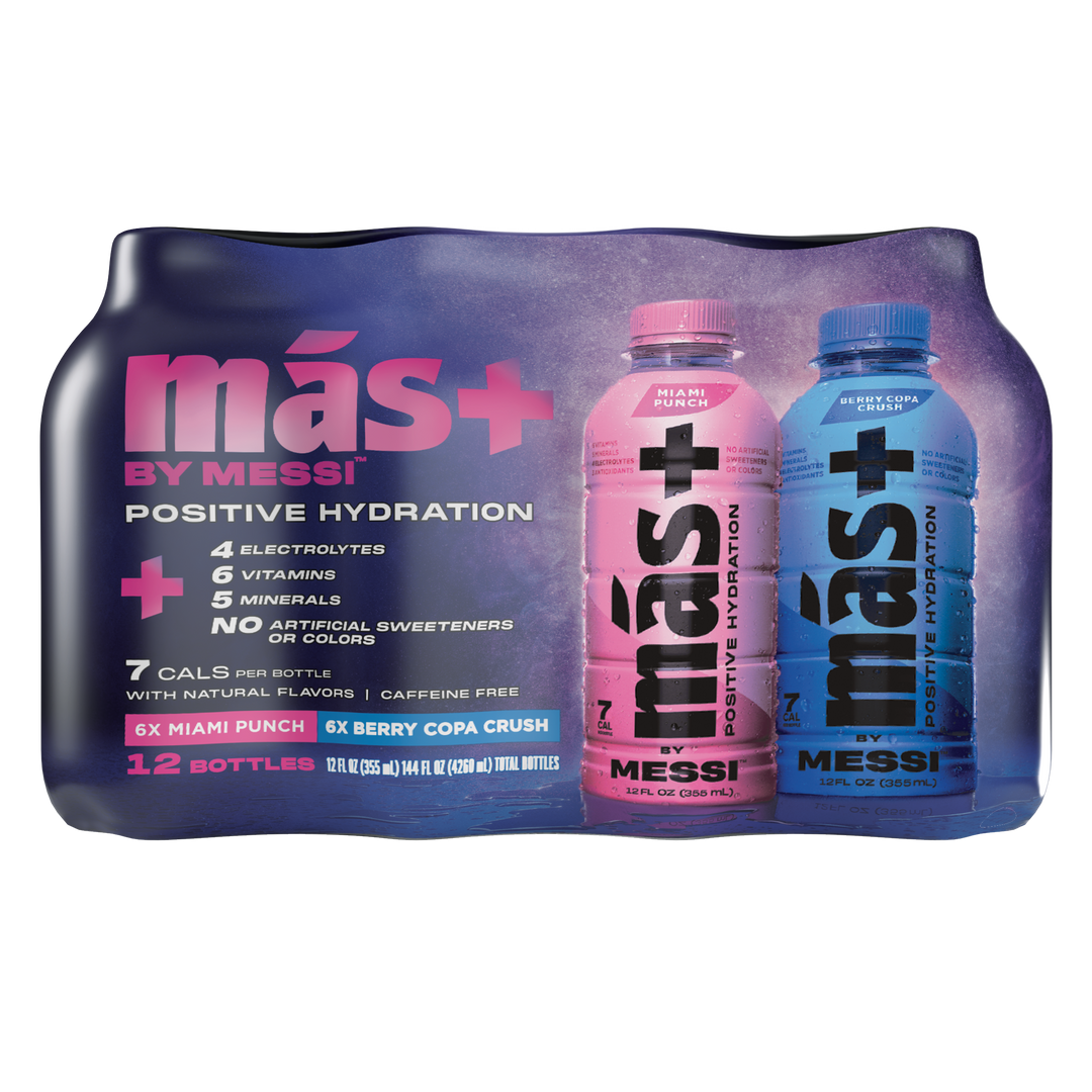 Side view of a más+ by Messi hydration drink 12-pack, showcasing the pink Miami Punch and blue Berry Copa Crush bottles. The packaging emphasizes benefits such as 7 calories, 6 essential vitamins, electrolytes, and no caffeine or artificial sweeteners. With a sleek black background and vibrant colors, the design reflects energy, wellness, and athletic performance.