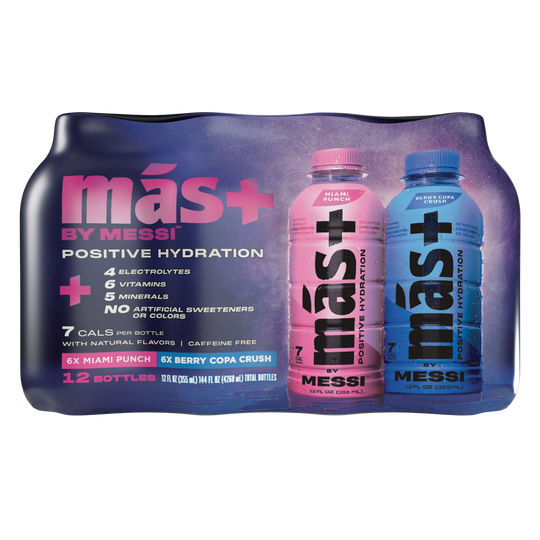 Side view of a más+ by Messi hydration drink 12-pack, showcasing the pink Miami Punch and blue Berry Copa Crush bottles. The packaging emphasizes benefits such as 7 calories, 6 essential vitamins, electrolytes, and no caffeine or artificial sweeteners. With a sleek black background and vibrant colors, the design reflects energy, wellness, and athletic performance.