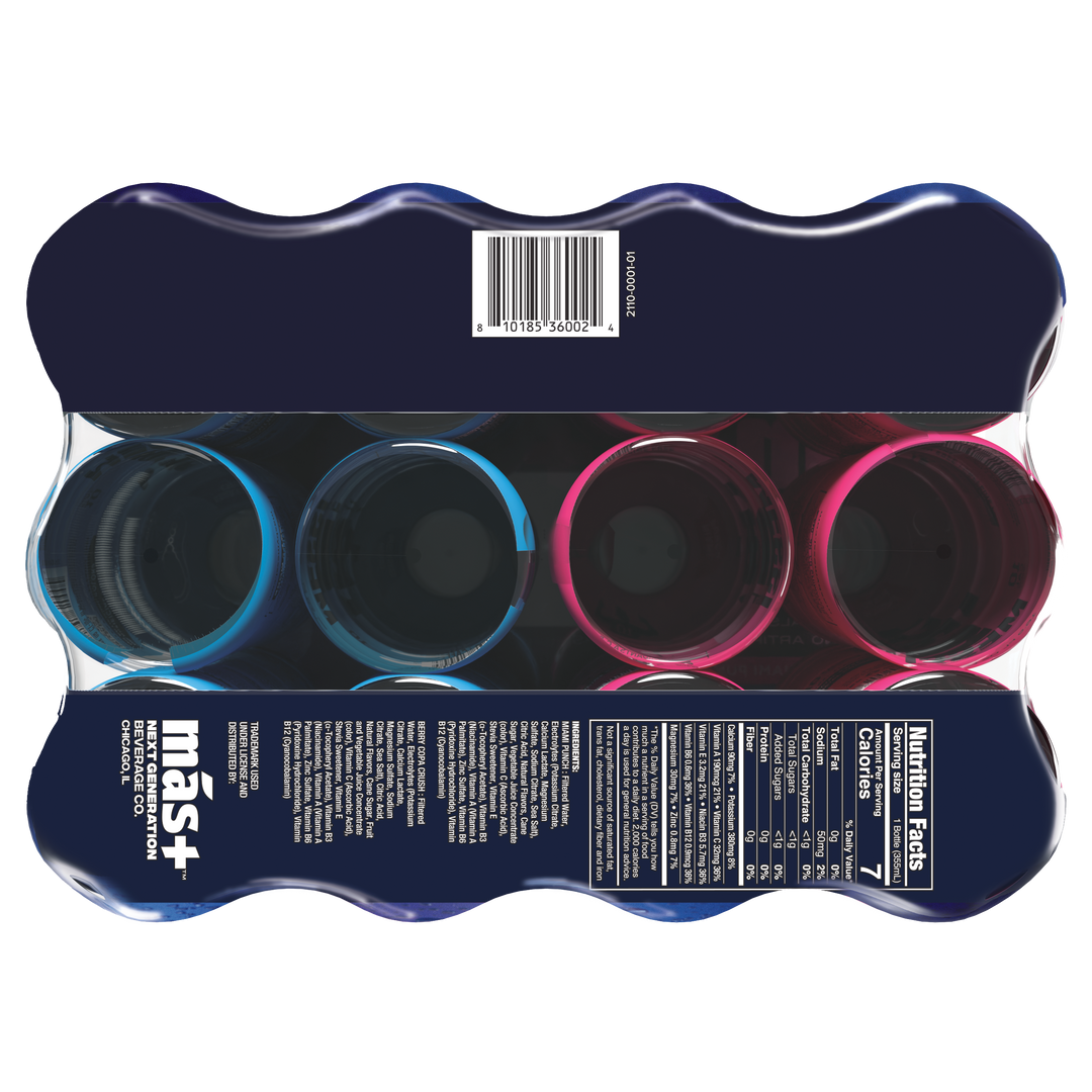 Bottom view of the más+ by Messi hydration drink 12-pack, displaying the barcode, ingredients list, and nutrition facts for both flavors—Miami Punch and Berry Copa Crush.