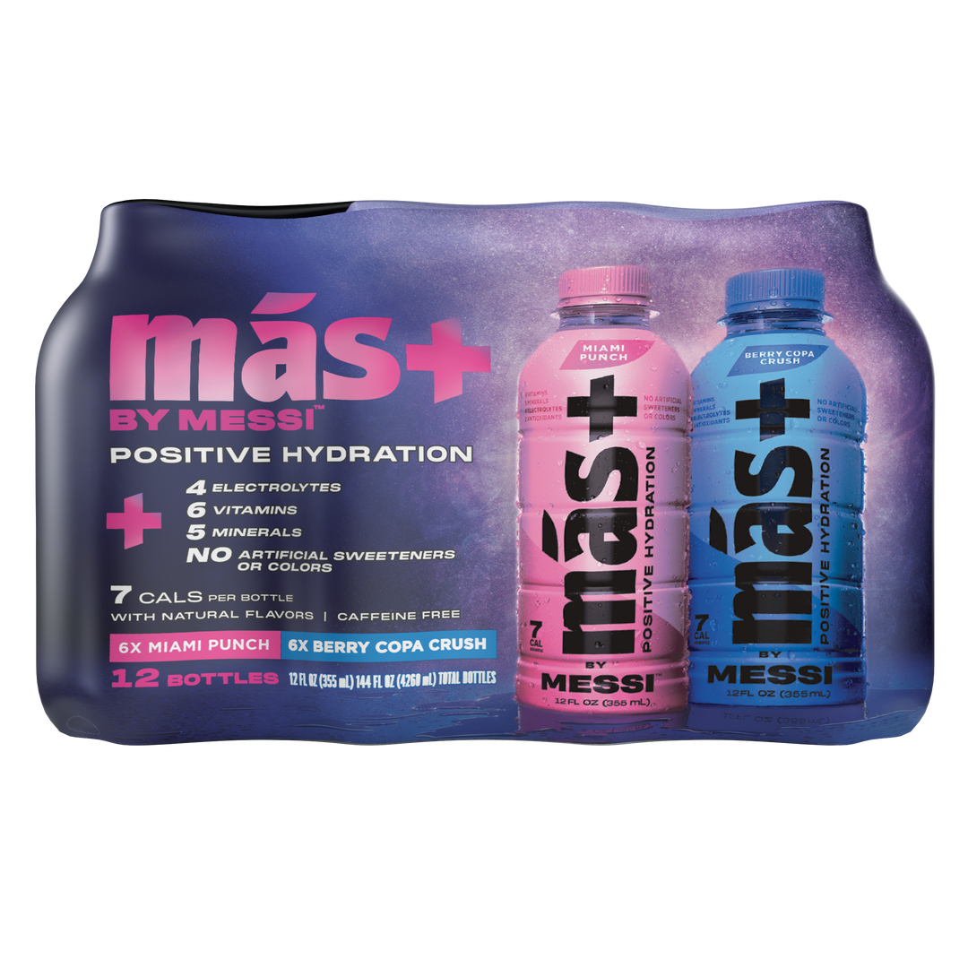 Side view of a más+ by Messi hydration drink 12-pack featuring two prominent bottles—pink for Miami Punch and blue for Berry Copa Crush. The packaging highlights key benefits like only 7 calories, 6 essential vitamins, electrolytes, and no caffeine or artificial sweeteners. Set against a sleek black background, the bold, vibrant design conveys energy, health, and high performance.