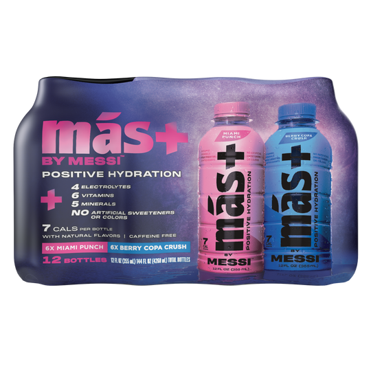 Side view of a más+ by Messi hydration drink 12-pack featuring two prominent bottles—pink for Miami Punch and blue for Berry Copa Crush. The packaging highlights key benefits like only 7 calories, 6 essential vitamins, electrolytes, and no caffeine or artificial sweeteners. Set against a sleek black background, the bold, vibrant design conveys energy, health, and high performance.