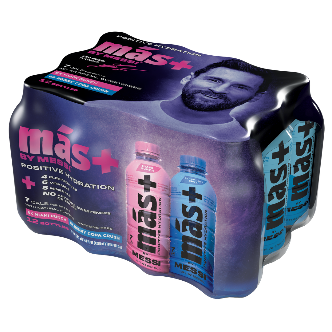 12-pack of más+ by Messi hydration drinks featuring a vibrant package design with Lionel Messi’s portrait. The image showcases two bottle flavors—pink (Miami Punch) and blue (Berry Copa Crush). Key product highlights include 7 calories per bottle, 6 vitamins, added electrolytes, no artificial sweeteners, and zero caffeine. Bold text reads 'Positive Hydration' on a sleek, modern background.