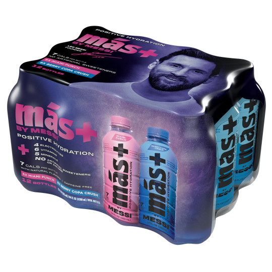 12-pack of más+ by Messi hydration drinks featuring a vibrant package design with Lionel Messi’s portrait. The image showcases two bottle flavors—pink (Miami Punch) and blue (Berry Copa Crush). Key product highlights include 7 calories per bottle, 6 vitamins, added electrolytes, no artificial sweeteners, and zero caffeine. Bold text reads 'Positive Hydration' on a sleek, modern background.