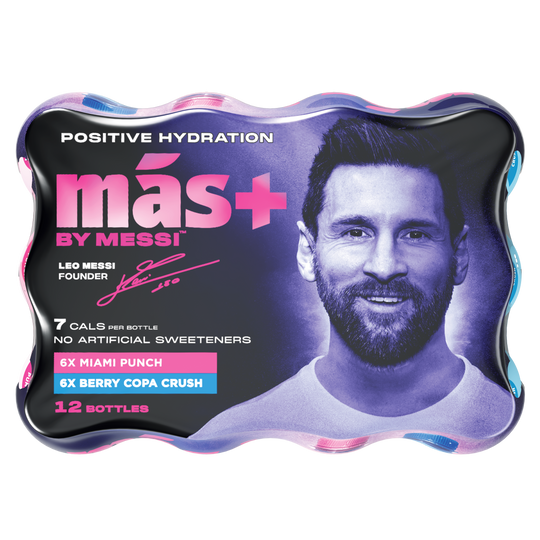 Packaging of 'más+ by Messi' hydration drink featuring Lionel Messi's portrait. The label highlights 'Positive Hydration' with 7 calories per bottle, no artificial sweeteners, and flavors including 6x Miami Punch and 6x Berry Copa Crush. The packaging contains 12 bottles.