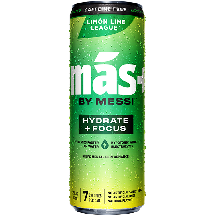 A condensation-covered, green can of Más+ by Messi hydration drink in the Limón Lime flavor on a transparent background.