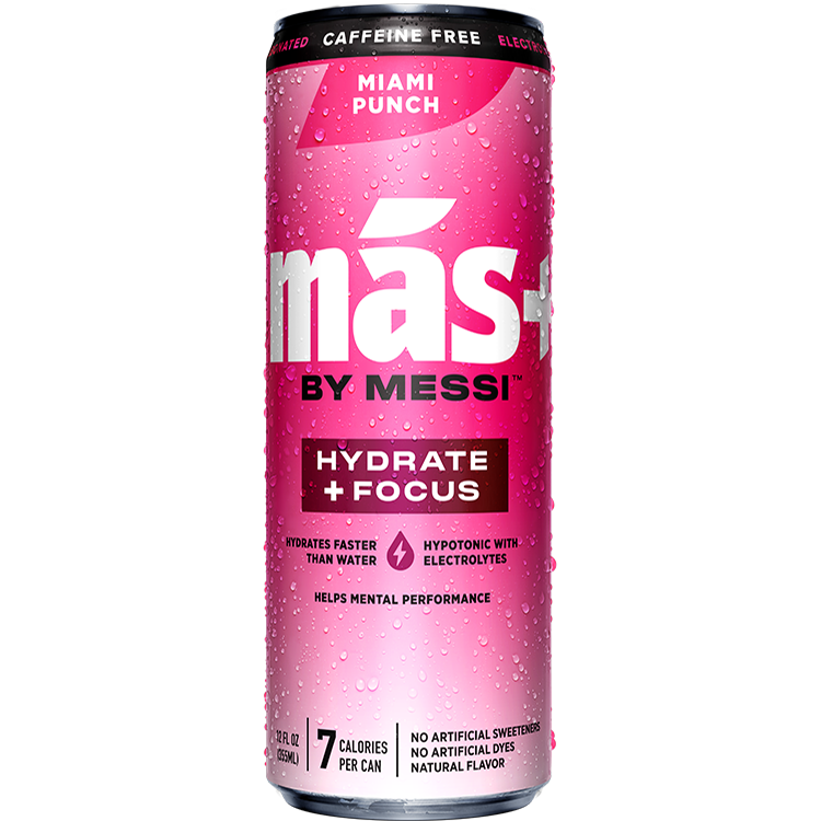 A wet, pink can of Más+ by Messi in the Miami Punch flavor, emphasizing "HYDRATE + FOCUS" on a transparent background.