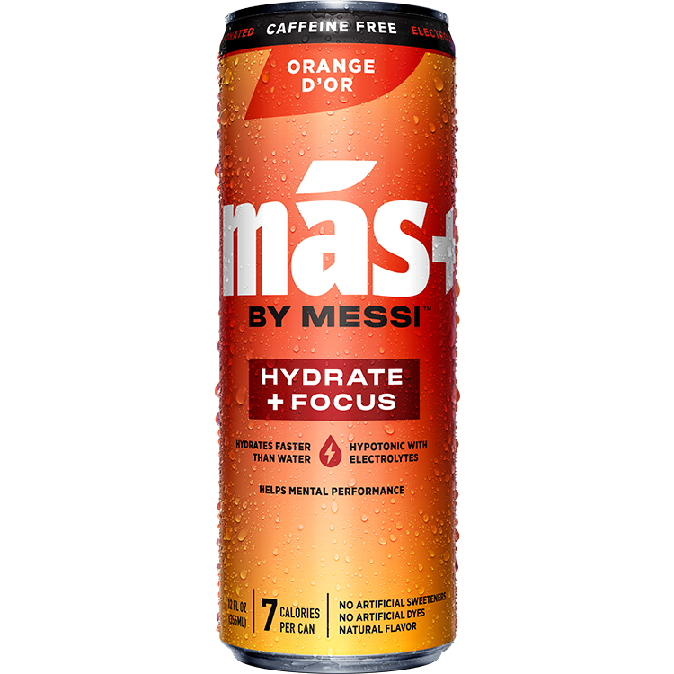 A condensation-covered, orange can of Más+ by Messi hydration drink in the Orange D'Or flavor on a transparent background.