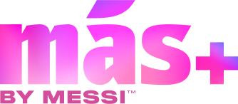 Más+ by Messi logo in bold pink lettering against a clear background