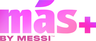 A large Más+ by Messi logo featuring bold pink lettering.