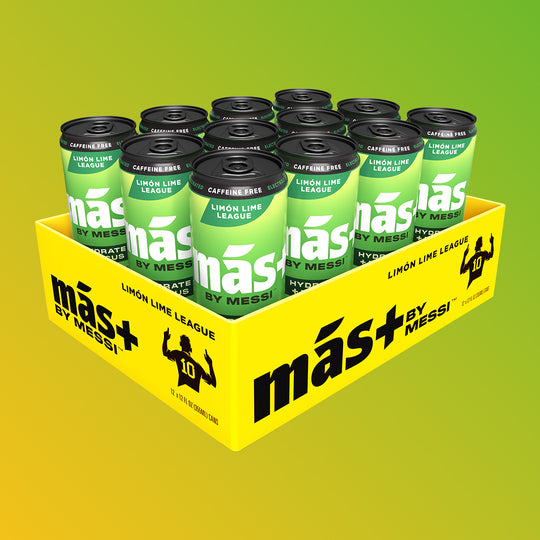 12-pack of MÁS+ by Messi 'Limón Lime League' hydration drink cans in a bright yellow box.